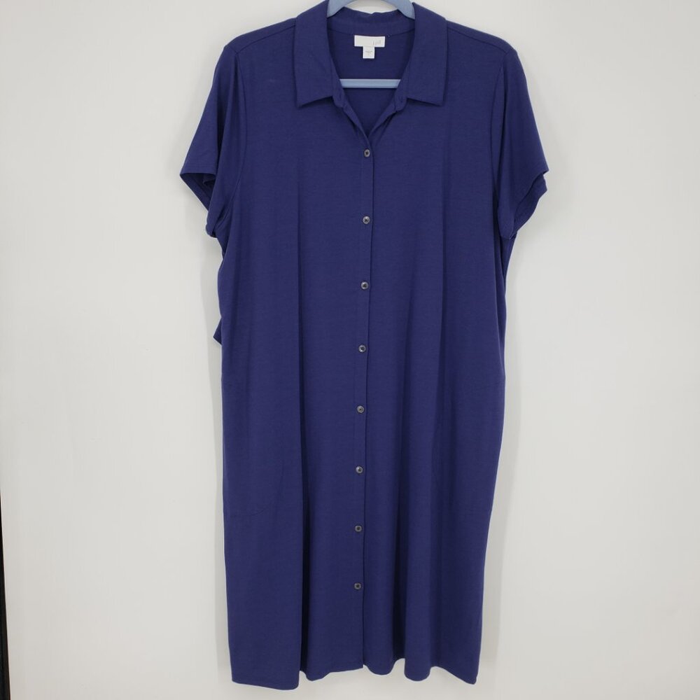 J. Jill Button Down Front Jersey Midi Shirt Dress L Short Sleeves Casual Navy